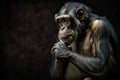 Mysterious Chimpanzee Hand on Face Against Dark Background. AI Royalty Free Stock Photo