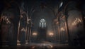 Mysterious church interior. 3D rendering with fog and light