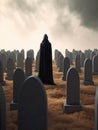 A mysterious cloaked figure standing amidst a aveyard of headstones. Gothic art. AI generation