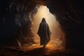 Mysterious cloaked figure standing at the entrance of a hidden cave. Generative AI Royalty Free Stock Photo