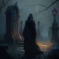 mysterious cloaked figure wandering a cursed graveyard, fantasy art, AI generation