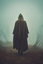 mysterious cloaked person walking down a fantasy misty path. medieval fantasy concept.