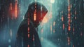 Mysterious computer hacker in a hoodie surrounded by digital rain, symbolizing cyber threats