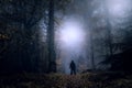 A mysterious concept edit. A lone figure standing on a forest path on a spooky misty night looking at lights in the sky. With a hi