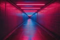 Mysterious corridor illuminated by red lights and a blue exit at the end in a dimly lit building Royalty Free Stock Photo