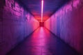 Mysterious corridor illuminated by red lights and a blue exit at the end in a dimly lit building Royalty Free Stock Photo