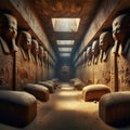 Mysterious corridor inside a pyramid in ancient Egypt illuminated by lit torches