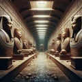 Mysterious corridor inside a pyramid in ancient Egypt illuminated by lit torches
