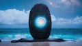 Mysterious cosmic portal on a tranquil beach