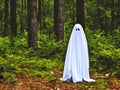 A mysterious creature in a white robe walks through the taiga. White ghost in the forest. Terrible mystical spirit of Royalty Free Stock Photo