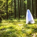 A mysterious creature in a white robe walks through the taiga. White ghost in the forest. Terrible mystical spirit of Royalty Free Stock Photo