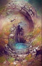 Mysterious creepy well - watercolor painting Royalty Free Stock Photo