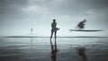 Mysterious Cyberpunk Witch Surf Girls on Flying Surfboards above Black Sand Surrounded by Water Royalty Free Stock Photo