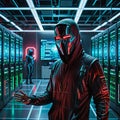 Mysterious Cybersecurity Hacker in Data Center - Futuristic Technology Concept