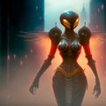 Mysterious cyborg woman with golden wings Royalty Free Stock Photo