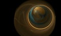 Mysterious 3d blue planet with golden aureole in far deep black space.