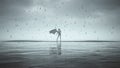 Mysterious Dark Devil Woman on Black Sand Surrounded by Water in Small Black Dress with Floating Upside Down Floating Crosses Royalty Free Stock Photo