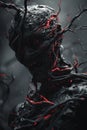 Mysterious dark figure with glowing red cracks