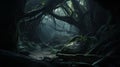 Mysterious dark forest with big tree roots. 3d render