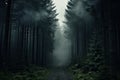 Mysterious dark forest with fog on the ground and footpath, A dark forest with lots of trees covered in fog, AI Generated Royalty Free Stock Photo