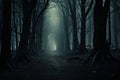 Mysterious dark forest in fog. Halloween concept. 3D rendering, A dark forest with lots of trees covered in fog, AI Generated Royalty Free Stock Photo