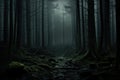 Mysterious dark forest with fog. Halloween concept. 3D rendering, A dark forest with lots of trees covered in fog, AI Generated Royalty Free Stock Photo