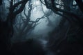 Mysterious dark forest with fog. Halloween concept. 3D Rendering Royalty Free Stock Photo