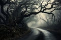 Mysterious dark forest with fog and road. Halloween concept Royalty Free Stock Photo