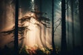 Mysterious dark forest with fog and sun rays. Retro style Royalty Free Stock Photo