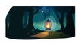 Mysterious Dark Forest with Glowing Lantern, Enigmatic Wilderness, vector design Generative AI Royalty Free Stock Photo