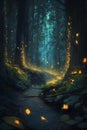 Mysterious dark forest with lighted path and fallen leaves. Royalty Free Stock Photo