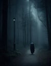 Mysterious dark forest with a man in a black cloak Royalty Free Stock Photo