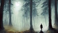Mysterious dark forest with a man in a long cloak. Royalty Free Stock Photo