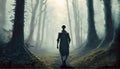 Mysterious dark forest with a man in a long cloak. Royalty Free Stock Photo