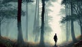 Mysterious dark forest with a man in a long cloak. Royalty Free Stock Photo