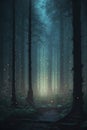 Mysterious dark forest at night with lights and fog, 3d render Royalty Free Stock Photo