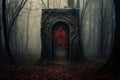 Mysterious dark forest with old door. Halloween concept. 3D Rendering, AI Generated Royalty Free Stock Photo