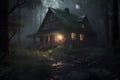 Mysterious dark forest with old wooden house. 3D rendering