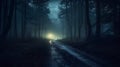 Mysterious dark forest with a path leading through the fog. Royalty Free Stock Photo