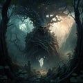 Mysterious dark forest with spooky trees and fog. Halloween background generative AI Halloween ai Royalty Free Stock Photo