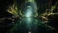 Mysterious dark forest, wet rocks, underground beauty, tranquil reflection, flowing water generated by AI Royalty Free Stock Photo