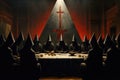 Mysterious dark gothic church interior with glowing cross and candles. Halloween concept, a secret society meeting plotting a