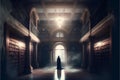 Mysterious dark library interior with fog and light. 3D Rendering