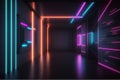 A mysterious dark room with black walls and neon linear lights