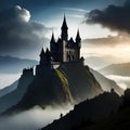 Mysterious dark silhouette gothic castle on mountain top with dramatic sky clouds