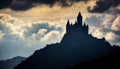 Mysterious dark silhouette gothic castle on mountain top with dramatic sky cloud