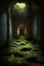 Mysterious dark tunnel with green grass and flowers Royalty Free Stock Photo