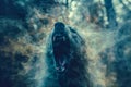 Mysterious Dark Wolf Howling in Ethereal Forest Mist Intense Wildlife Scenery in Moody Blue Tones