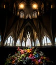 Gothic catholic church solemn interior decorated with flowers