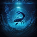 A mysterious deep blue ocean illuminated by a Scorpio sign swimming underwater Zodiac Astrology concept. AI generation